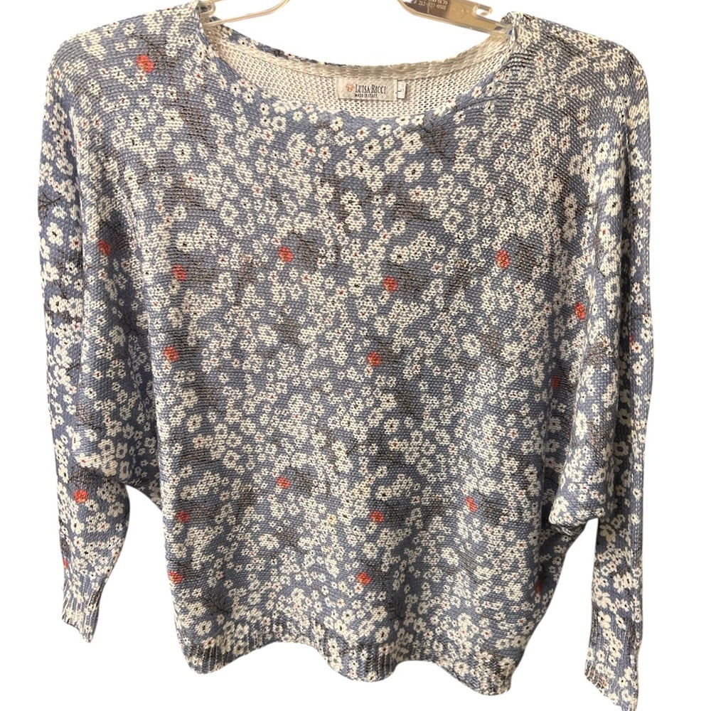 Luisa Ricci Floral Knit Sweater Lg Italy Blue, Cream & Red Lightweight Pullover